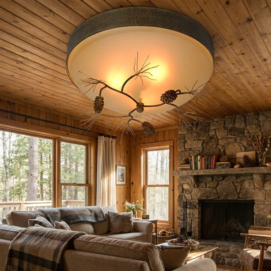 Traditional Farmhouse Pine Cone Cylinder Metal Glass Flush Mount Ceiling Light