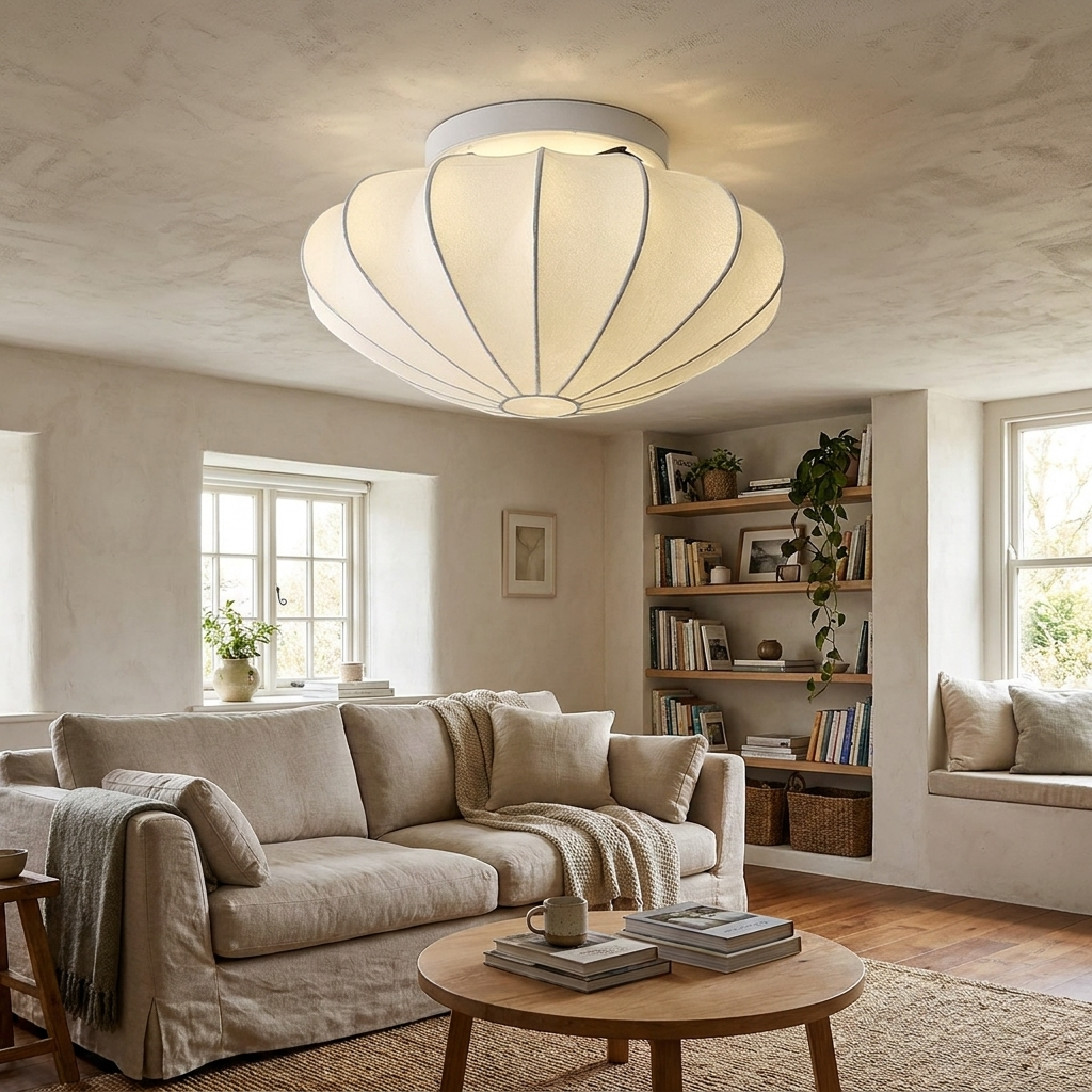 Traditional Japanese Bell Shape Metal Silk Semi-Flush Mount Ceiling Light