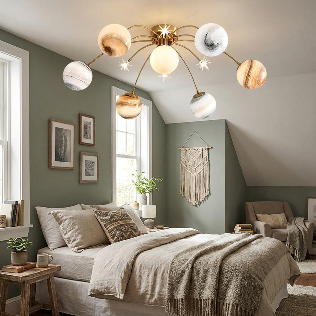 Contemporary Creative Starry Sky Moon Iron Glass Semi-Flush Mount Ceiling Light