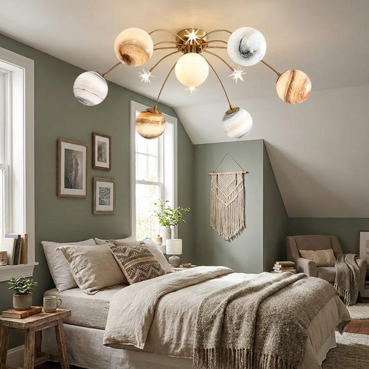 Contemporary Creative Starry Sky Moon Iron Glass Semi-Flush Mount Ceiling Light