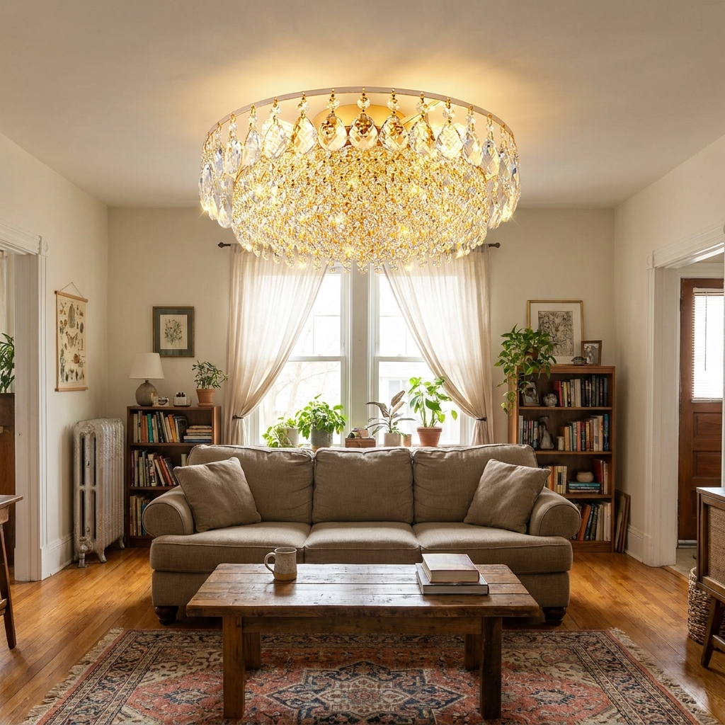Modern Luxury Circle Iron Crystal Flush Mount Ceiling Light