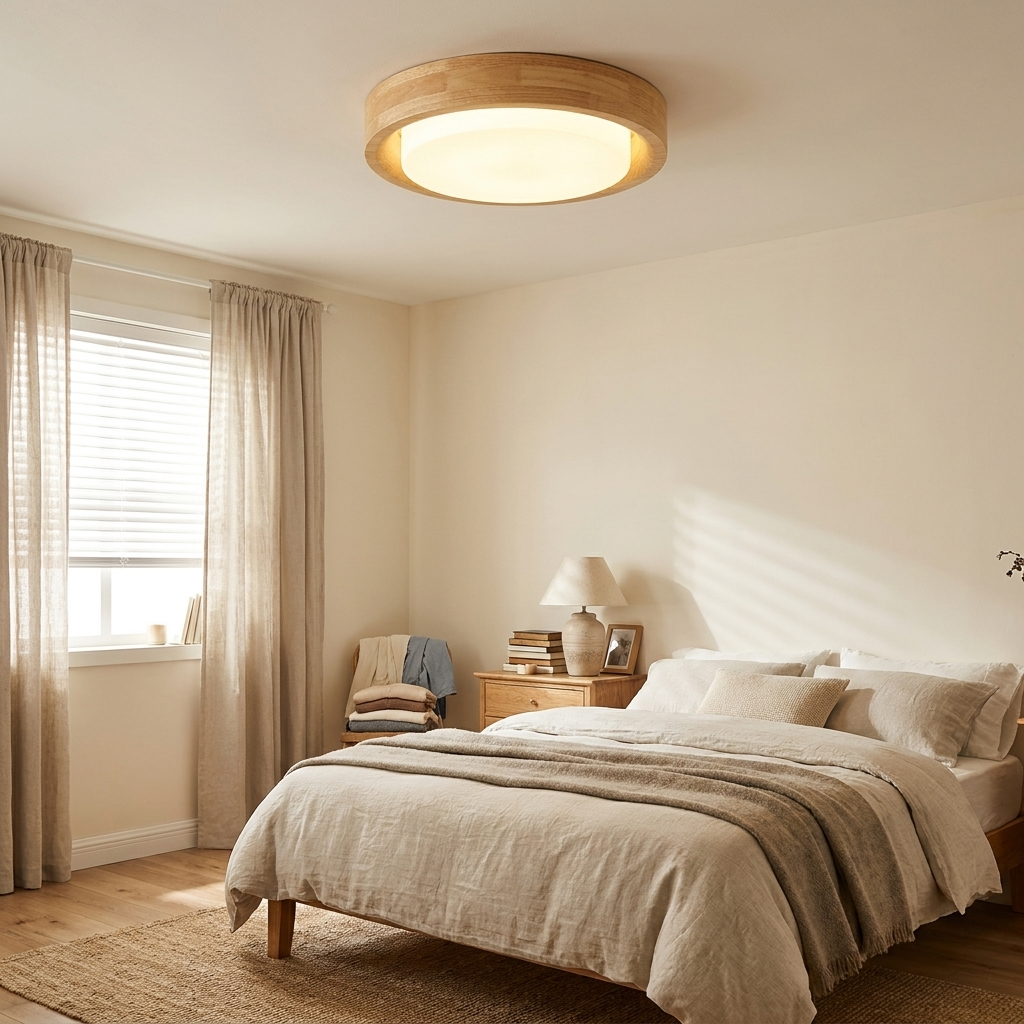 Traditional Japanese Round Glass Wood Grain LED Flush Mount Ceiling Light