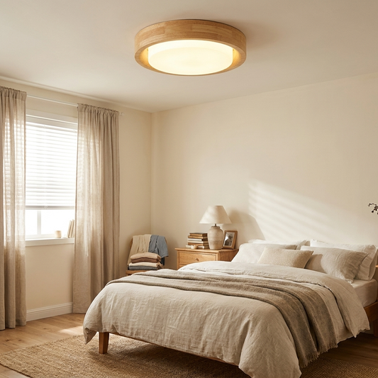 Traditional Japanese Round Glass Wood Grain LED Flush Mount Ceiling Light