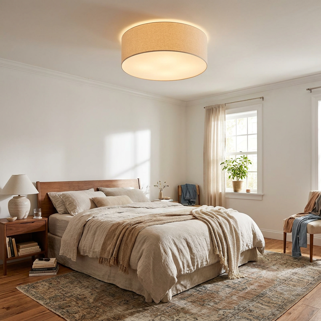 Modern Minimalist Round Drum Iron Fabric Flush Mount Ceiling Light
