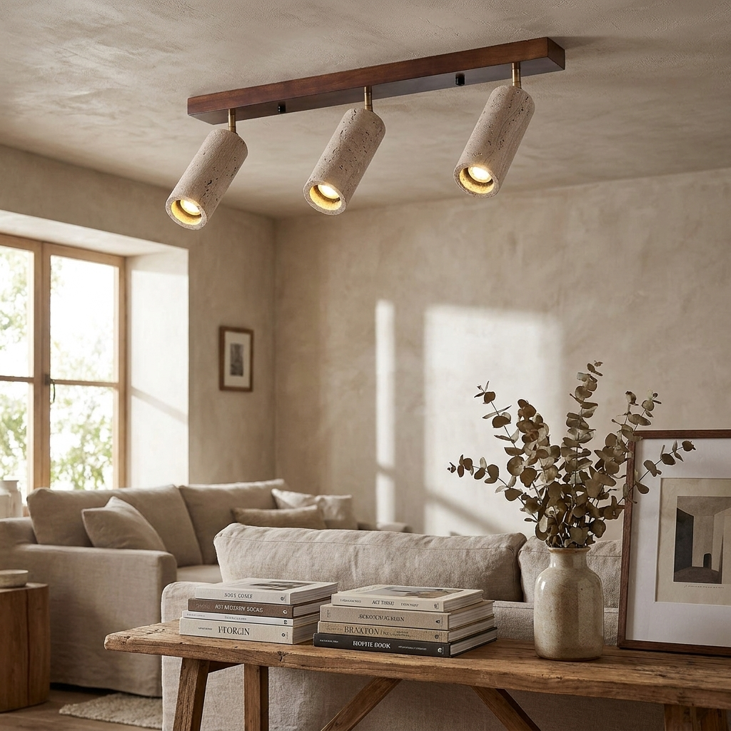 Contemporary Scandinavian Travertine Wood Iron Linear Semi-Flush Mount Ceiling Light