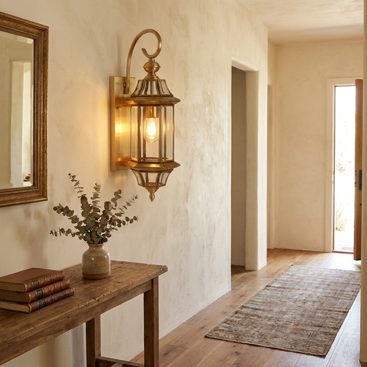 Traditional European Brass Glass Polygonal Waterproof Wall Sconce Lamp