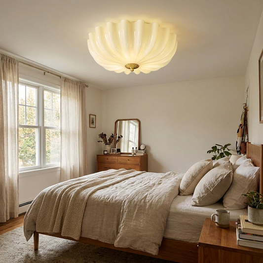 Traditional French Glass Copper Petal Ruffled Flush Mount Ceiling Light