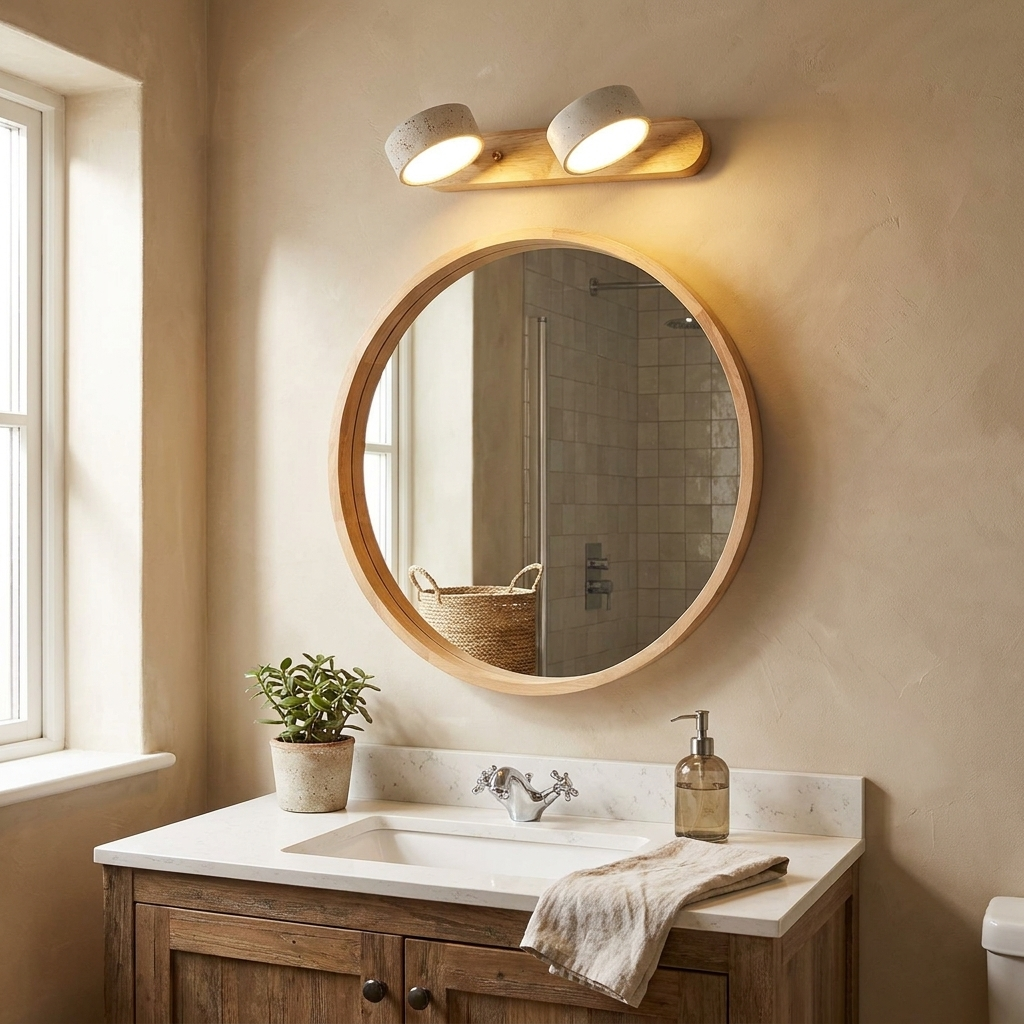 Traditional Japanese Travertine Wood Round Rotatable Wall Sconce Lamp
