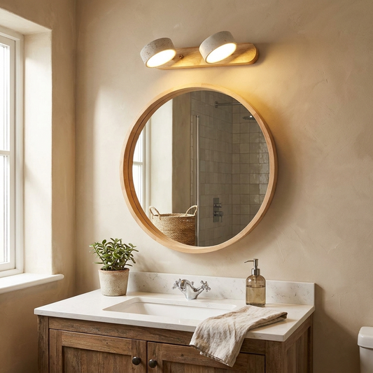 Traditional Japanese Travertine Wood Round Rotatable Wall Sconce Lamp