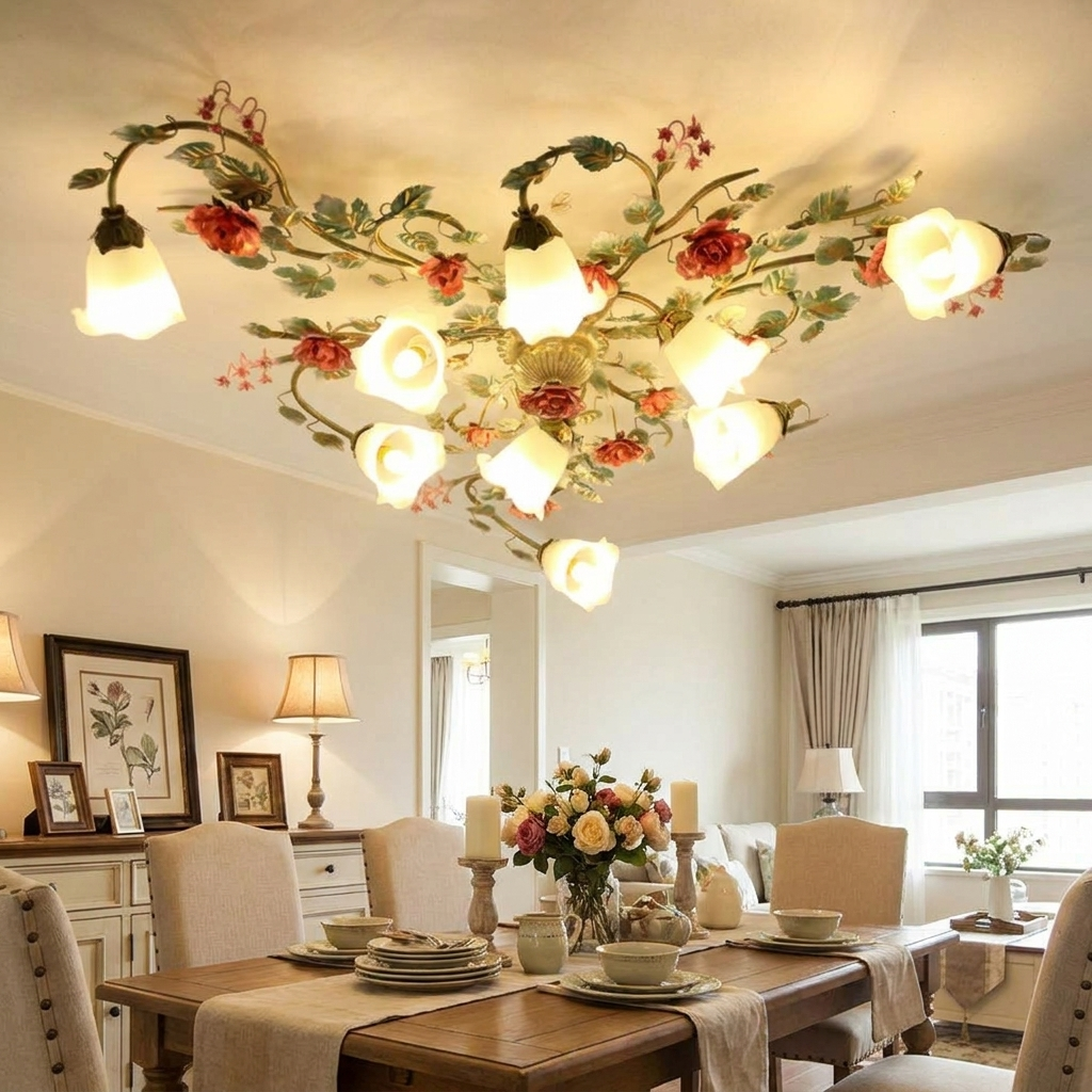 Traditional French Branch Simulation Rose Flower Glass Shade Iron Frame Flush Mount Ceiling Light