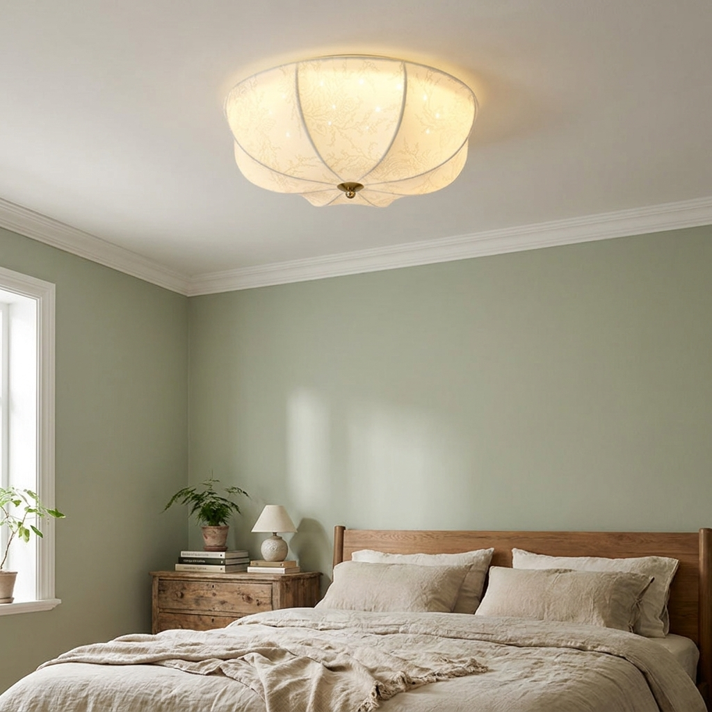 Traditional French Round Printed Iron Fabric Flush Mount Ceiling Light