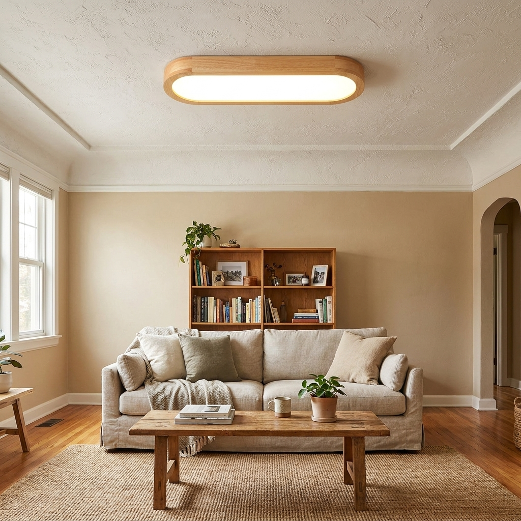 Traditional Japanese Rectangular Solid Wood Acrylic Flush Mount Ceiling Light
