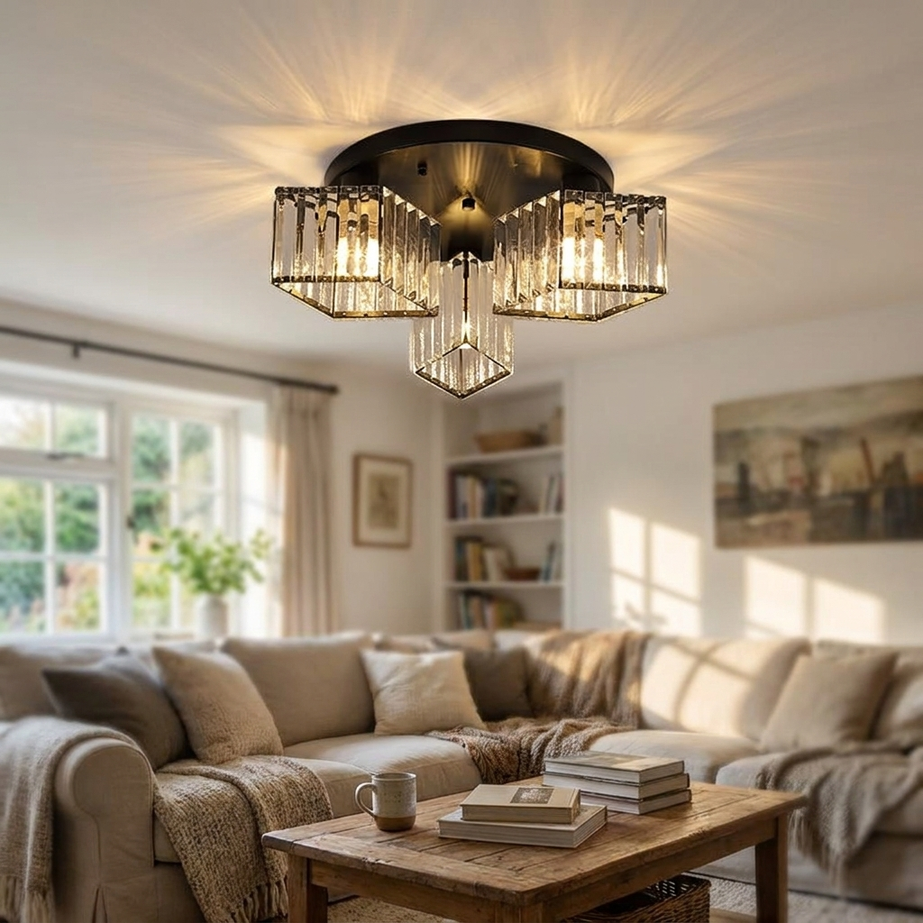 Modern Luxury Diamond Shaped Iron Crystal Semi-Flush Mount Ceiling Light